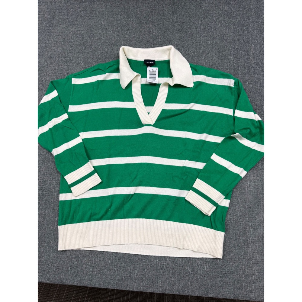 Torrid Green White Striped Cotton Pullover V-Neck Polo Sweater 00 M/L 10 NEW